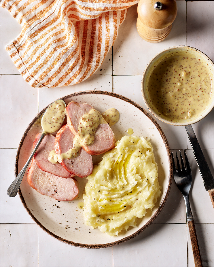 Jambon de porc sauce moutarde et purée