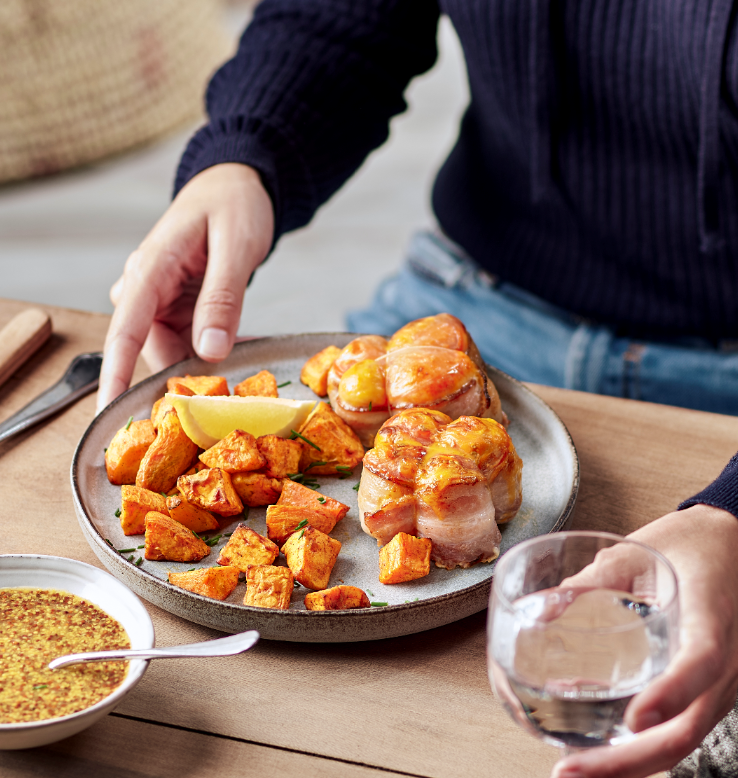Paupiettes de porc et patates douces au Air fryer, sauce miel moutarde
