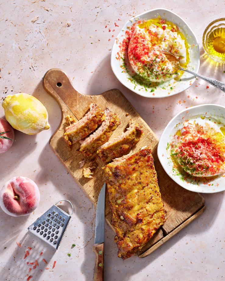 Ribs à la moutarde, burrata au granité de fruits et légumes