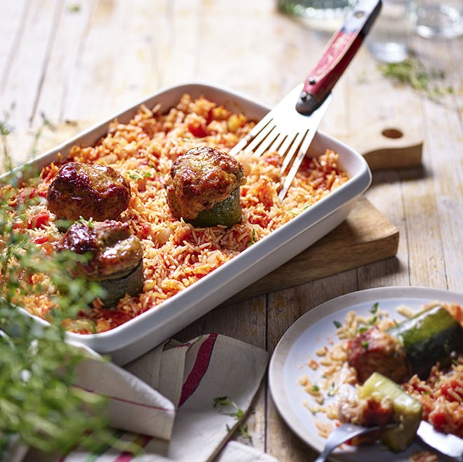 Courgettes farcies et riz au four Bigard