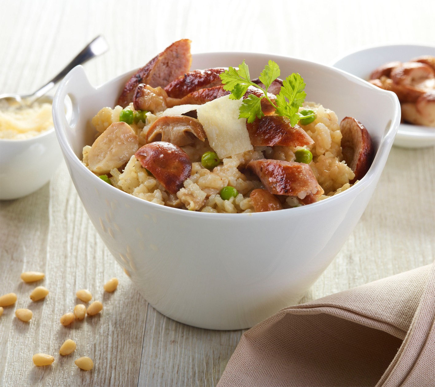 Risotto à la saucisse, cèpes et petits pois Bigard