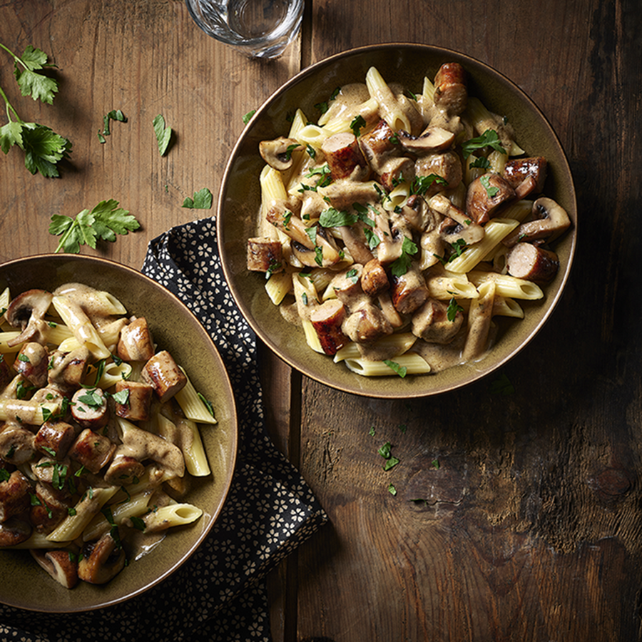 penne, cèpes, chipolatas