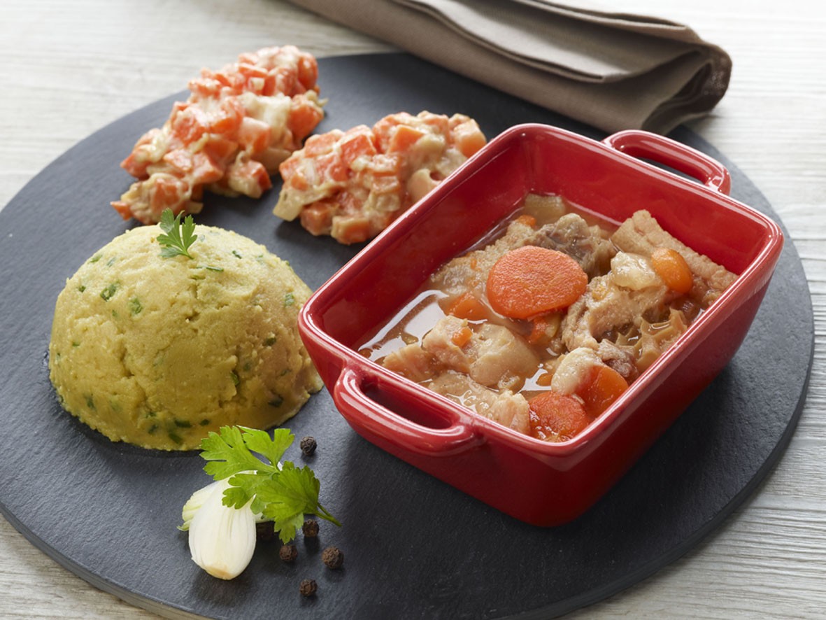 Tripes à la mode de Caen, purée de pois cassés et carottes à la crème Bigard
