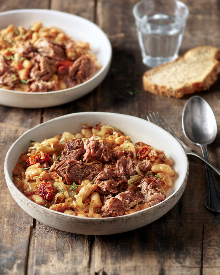 Araignée de bœuf, haricots crémeux aux oignons caramélisés