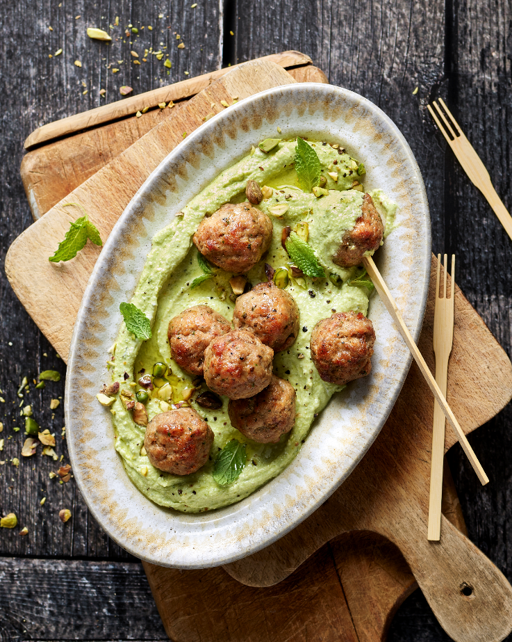 Boulettes au pesto, crème de feta pistache