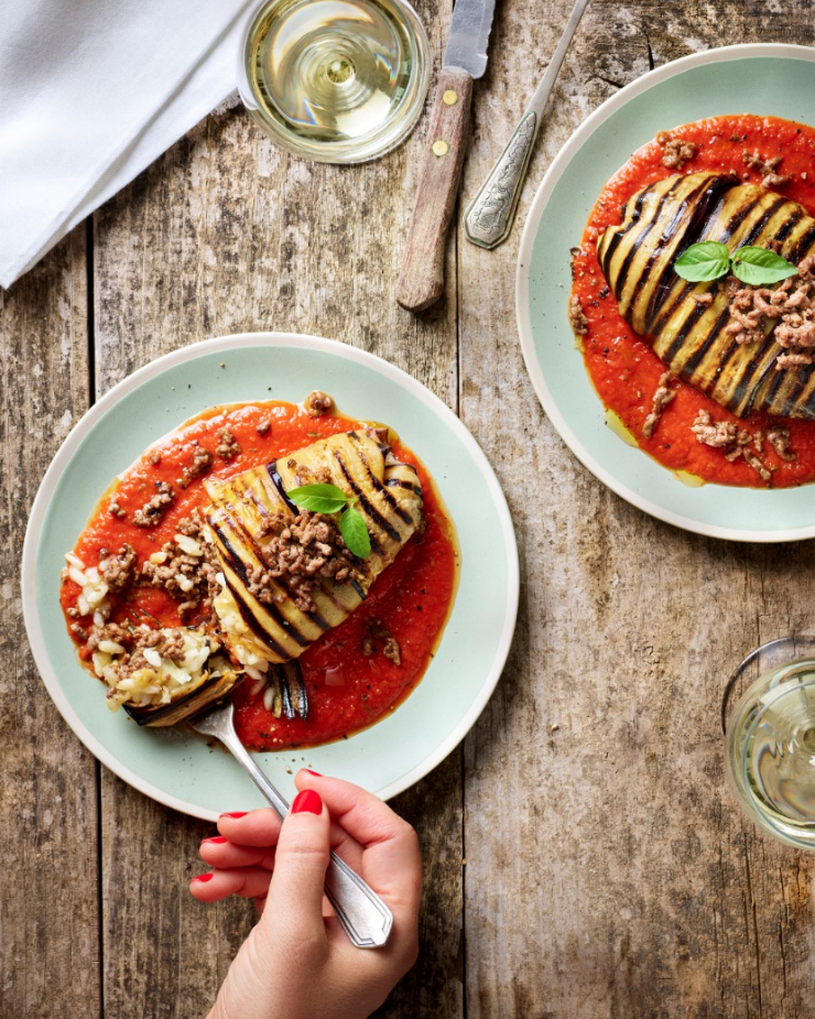 Aubergine grillée farcie au risotto et bœuf haché