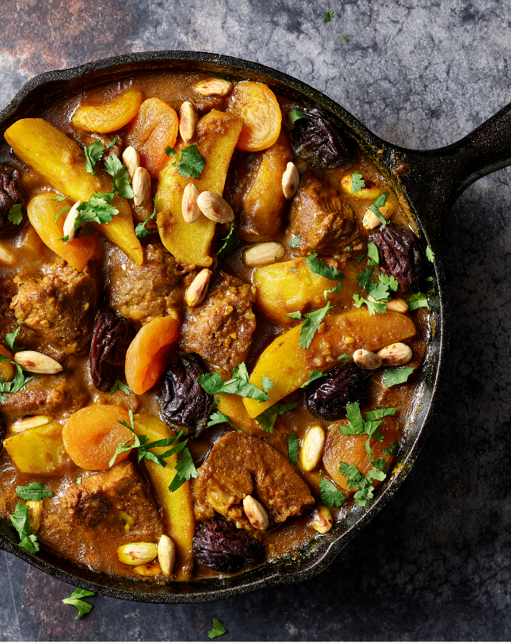 Paleron de bœuf en tajine d'abricots, pruneaux et pommes de terre