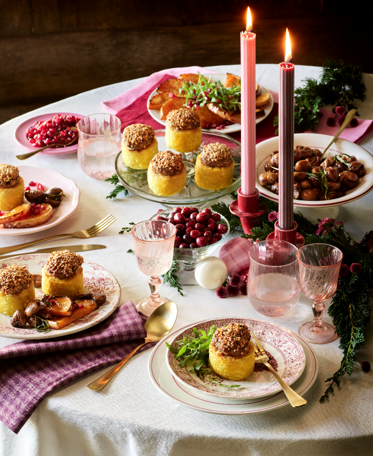 Délices de pomme de terre aux cèpes, marrons grillés au romarin, butternut rôti à la grenade