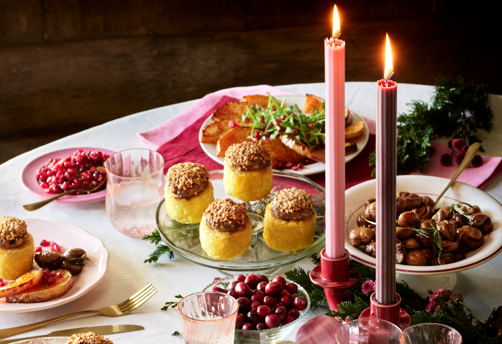 Délices de pomme de terre aux cèpes, marrons grillés au romarin, butternut rôti à la grenade
