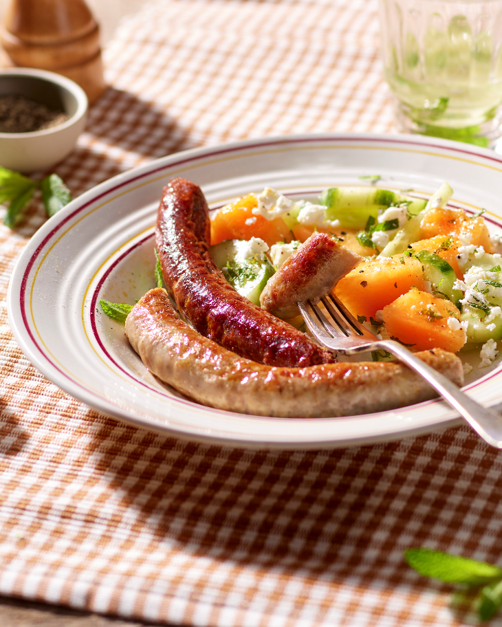 Salade melon concombre feta menthe (accompagnement chipolatas et merguez)