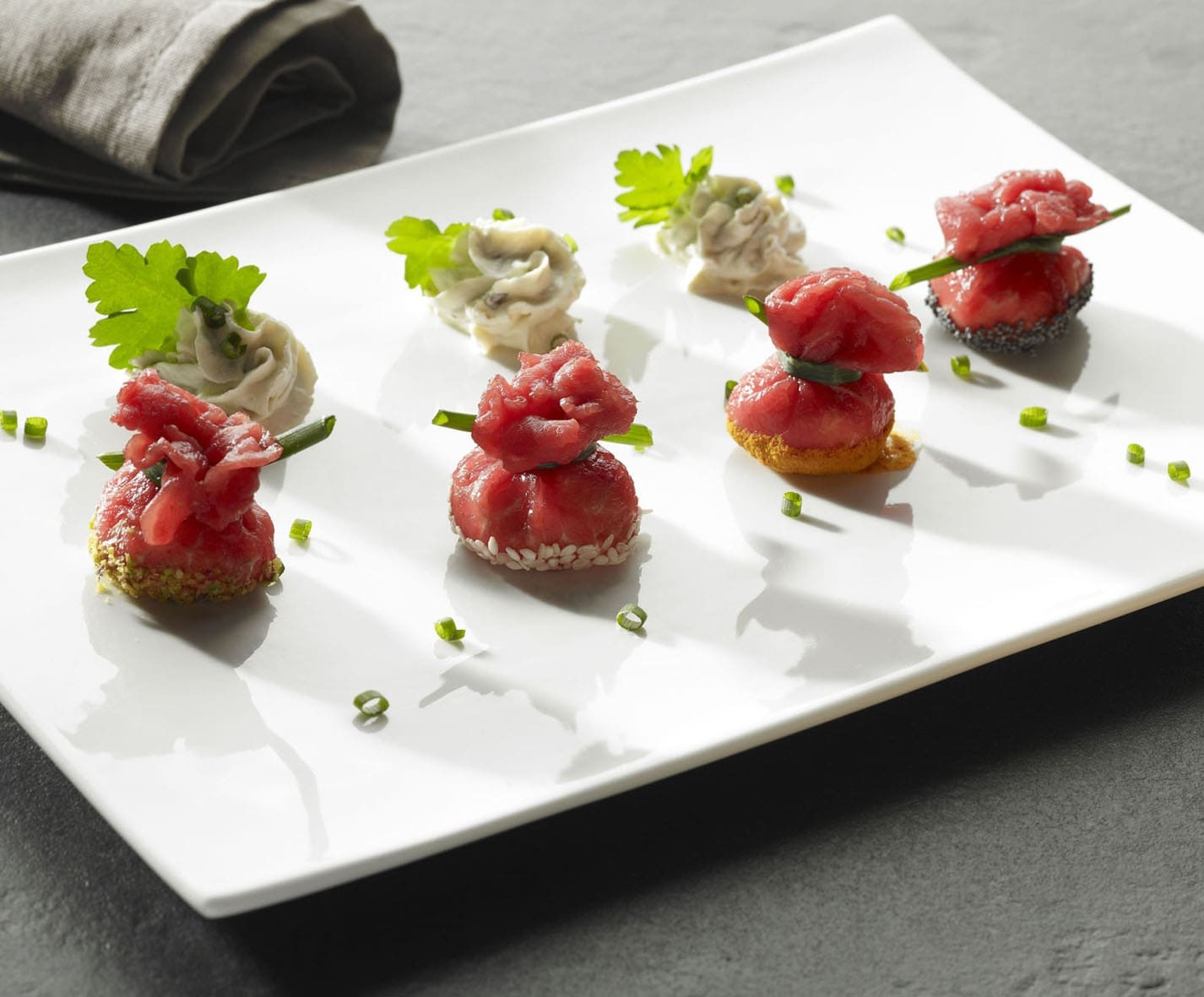 Mini aumônières de carpaccio de bœuf au fromage frais