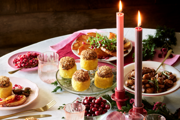 Délices de pomme de terre aux cèpes, marrons grillés au romarin, butternut rôti à la grenade