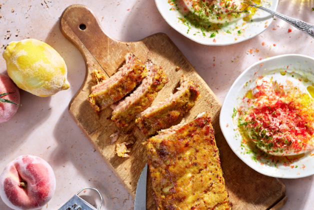 Ribs à la moutarde, burrata au granité de fruits et légumes
