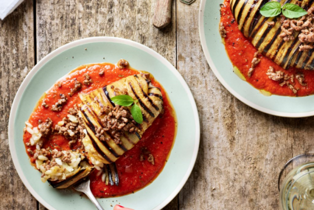 Aubergine grillée farcie au risotto et bœuf haché